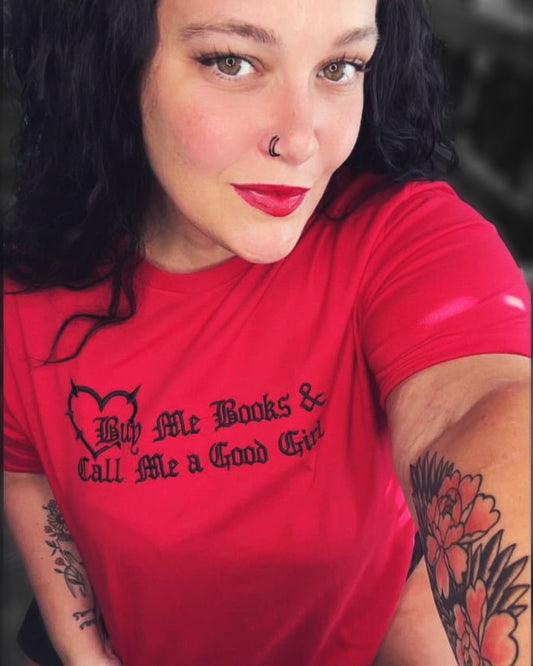 Buy Me Books & Call Me A Good Girl Red Embroidered Crewneck T-Shirt