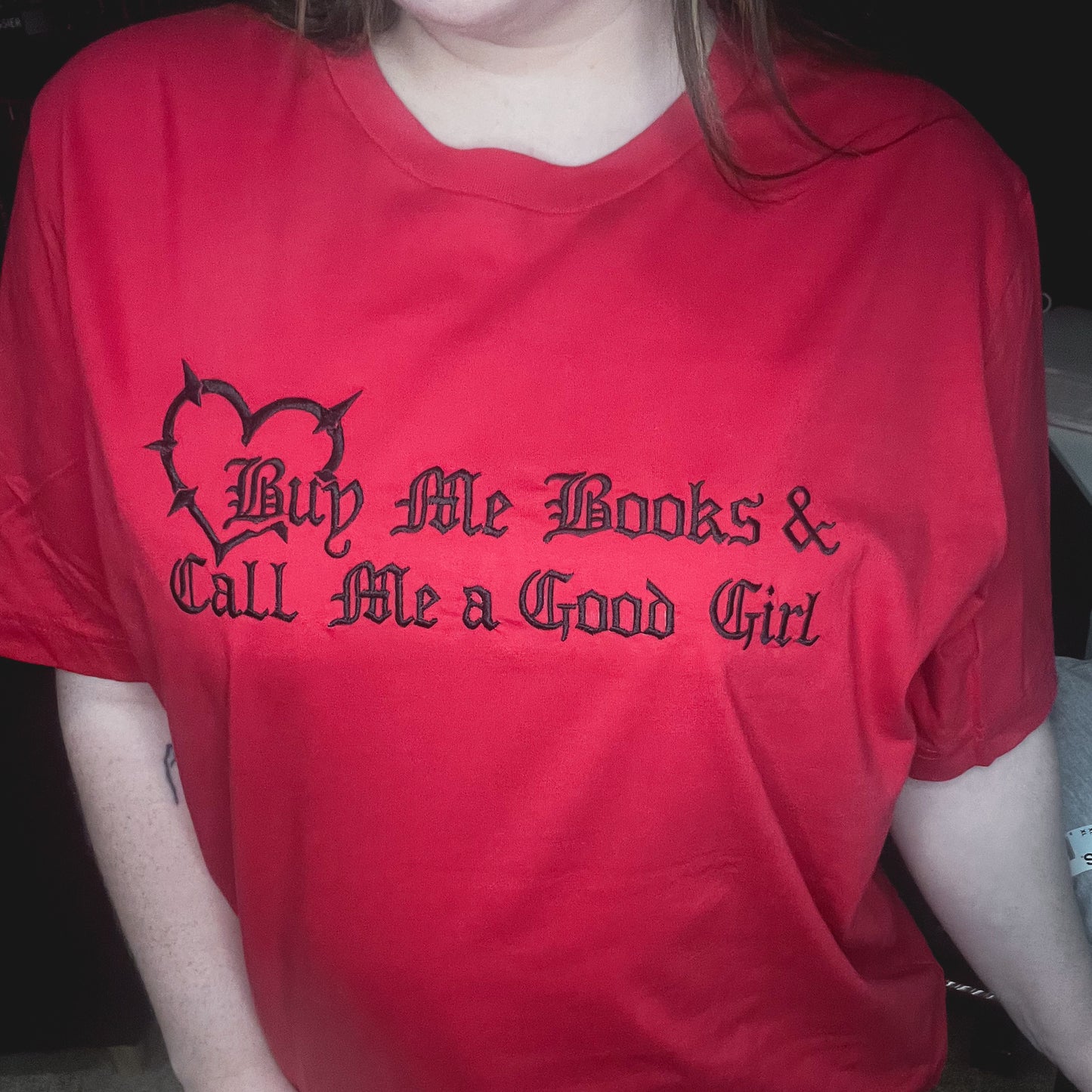 Buy Me Books & Call Me A Good Girl Red Embroidered Crewneck T-Shirt