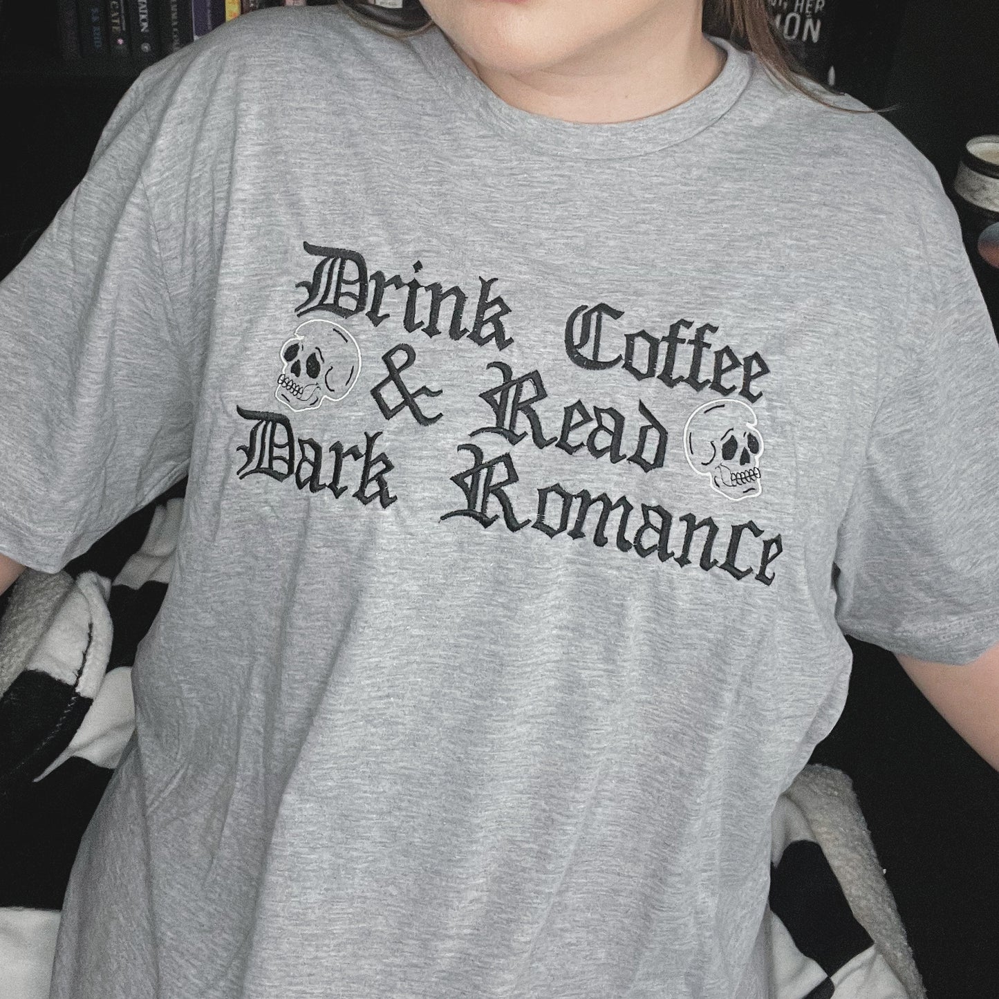 Drink Coffee & Read Dark Romance Embroidered Crewneck T-Shirt